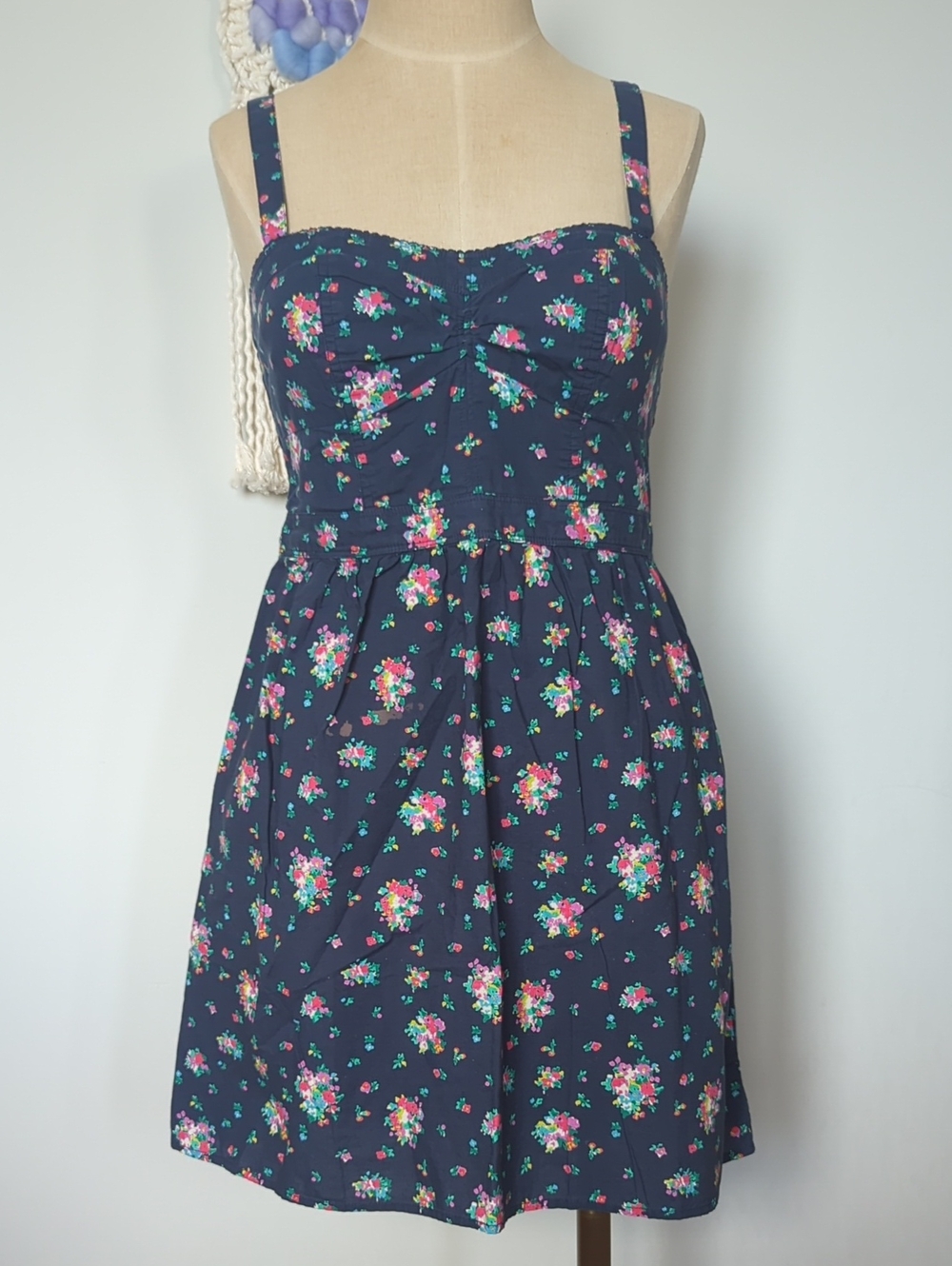 American Eagle Outfitters Blue Floral Sleeveless Dress with Shirred Back, Size S